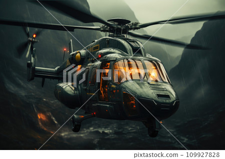 Cybernetic Warfare: Futuristic Helicopter in Stormy Skies Cybernetic Warfare: Futuristic Helicopter in Stormy Skies 109927828