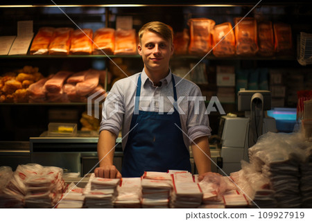 Cashier Working in a Busy Market 109927919