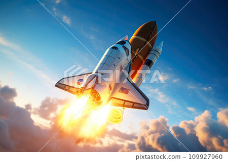 Futuristic Spacecraft Soaring Amidst Azure Skies 109927960