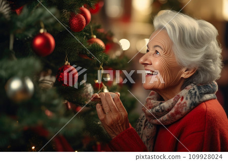 Joyful Senior Woman Delighting in Tree Decorating 109928024