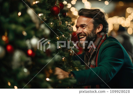 Cheerful Man Adding Sparkle to Christmas Tree Cheerful Man Adding Sparkle to Christmas Tree 109928028