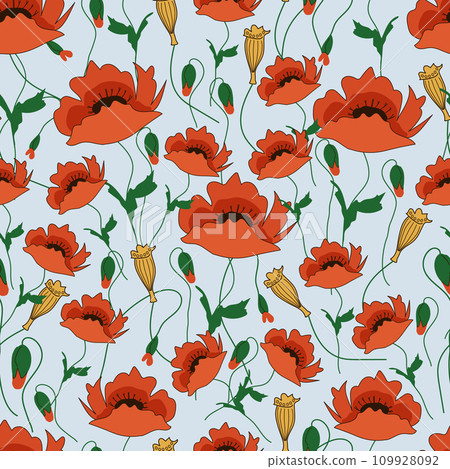 pattern - light blue background with blooming poppies 109928092