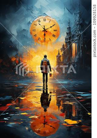 The essence of time through abstract imagery, representations of past, present, and future using dynamic forms, colors, and textures 109928158