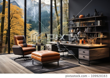 Office with a spacious desk adorned with minimal decor, atmosphere of orderly productivity Office with a spacious desk adorned with minimal decor, atmosphere of orderly productivity 109928163