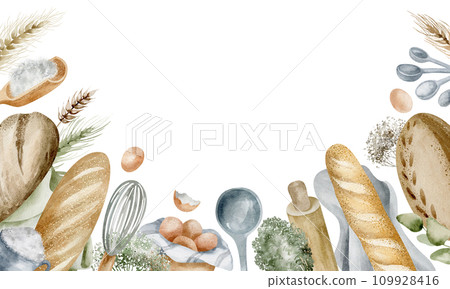Watercolor background with place for text. Cooking with a rustic loaf of bread, a carton of eggs and a scattering of measuring spoons on a white background. Dull colors capture the essence of everyday 109928416