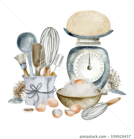 Bright watercolor still life with various dishes and baking ingredients on a white background. Brushes, rolling pins, scales and measuring spoons create a harmonious composition for delicious treats. Bright watercolor still life with various dishes and baking ingredients on a white background. Brushes, rolling pins, scales and measuring spoons create a harmonious composition for delicious treats. 109928437