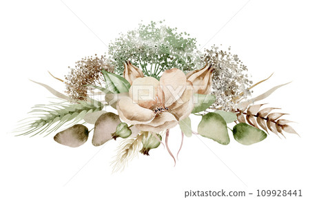 Watercolor bouquet of wildflowers and wheat on a white background. The flowers were in full bloom, with delicate petals in shades of pink and green. Wheat stalks with a touch of rustic charm. Watercolor bouquet of wildflowers and wheat on a white background. The flowers were in full bloom, with delicate petals in shades of pink and green. Wheat stalks with a touch of rustic charm. 109928441