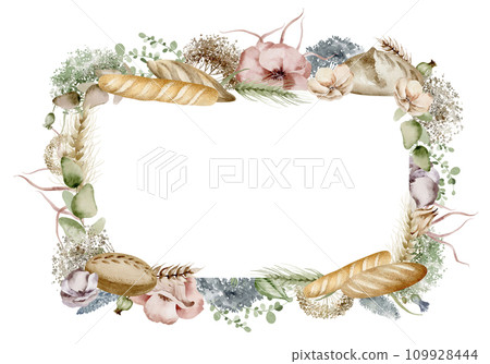 Hand painted watercolor frame in a rustic bread wreath, decorated with delicate wildflowers and ears of wheat. Warm tones with bright shades of flowers. For branding bakery products, food packaging. Hand painted watercolor frame in a rustic bread wreath, decorated with delicate wildflowers and ears of wheat. Warm tones with bright shades of flowers. For branding bakery products, food packaging. 109928444