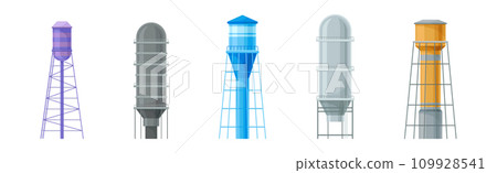 Tall Water Tower with Metal Tank for Liquid Storage Vector Set 109928541