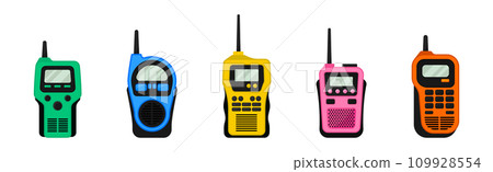Colorful Transceiver or Walkie-talkie as Radio Device with Antenna Vector Set Colorful Transceiver or Walkie-talkie as Radio Device with Antenna Vector Set 109928554