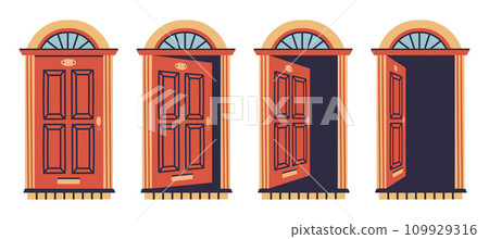 Apartment close and open door. House door animation, opened and closed wooden doors flat vector illustration set. Entrance door in various positions 109929316