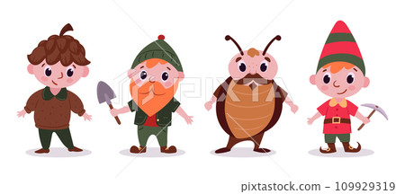 Fairytale characters. Cartoon fantasy mascots, gnome, fairy bug and fairy pine cone characters flat vector illustration set. Cute fairy tale characters collection Fairytale characters. Cartoon fantasy mascots, gnome, fairy bug and fairy pine cone characters flat vector illustration set. Cute fairy tale characters collection 109929319