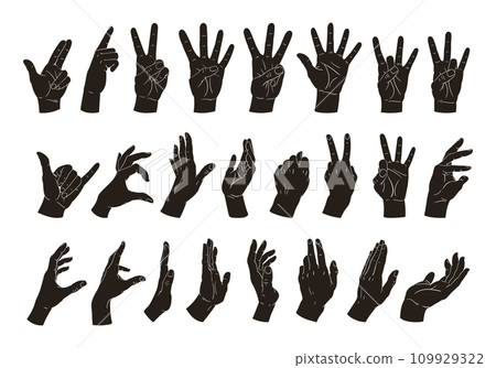 Human hands silhouettes. Cartoon hand palms gestures, heart, peace, okay and call position. Gesture signs flat vector illustration set. Hands poses silhouette collection 109929322