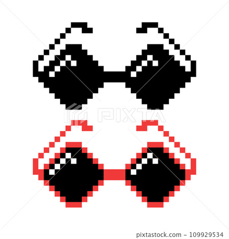 Vector Pixel Boss Glasses Icon Set in 8 bit Retro Style. Summer Meme Game Thug Design, Mafia Gangster Funky Sunglasses. Rap Music Design Element 109929534