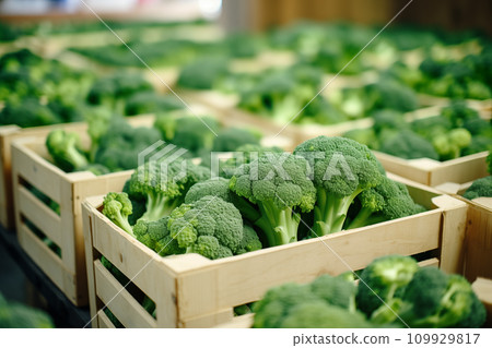 AI-generated content. Fresh green broccoli crowns neatly packed in wooden crates at a market, highlighting organic farming and the importance of including green vegetables in a healthy diet. 109929817