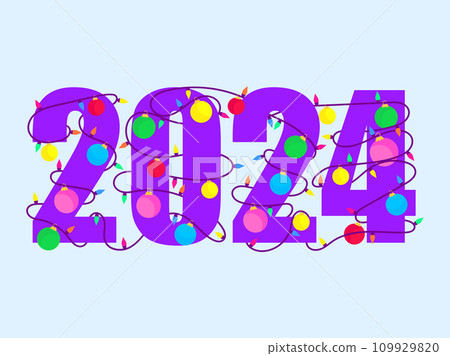 2024 Happy New Year. Text braided with Christmas glowing garland. Christmas light. LED Christmas tree lights. Xmas design for greeting cards, banners and posters. Vector illustration 109929820