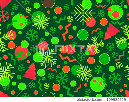 Christmas seamless pattern with geometric shapes in 80s Memphis style. Christmas pattern with fir trees, Christmas decorations and geometric shapes for wrappers and banners. Vector illustration 109929829