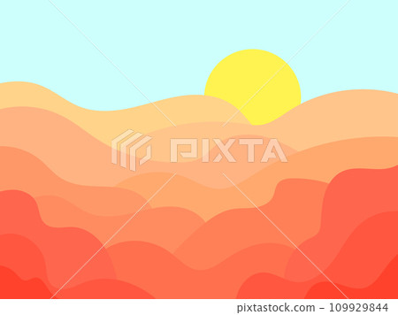 Desert landscape with dunes and sun in a minimalist style. Desert wavy landscape with sun. Design for printing banners, posters, book covers. Vector illustration 109929844