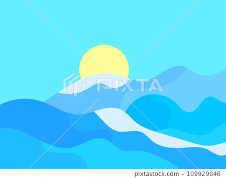 Winter landscape with snowy hills and sun. Mountain landscape in flat style, winter cold weather. View of the snowy hills. Design for poster, banner and promotional item. Vector illustration 109929846