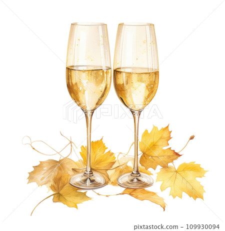 two champagne glasses and leaves two champagne glasses and leaves 109930094