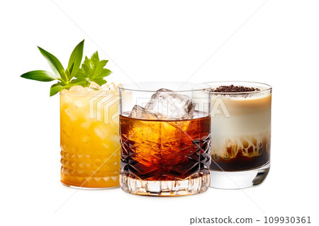 AI-generated content. Set and collection of classic alcohol cocktails or mocktail isolated on white background with fresh summer fruits. 109930361