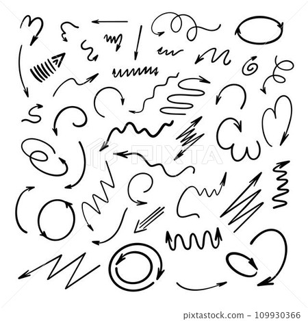 Arrows set simple hand drawn vector illustration, free form curved, straight signs pointing different directions Arrows set simple hand drawn vector illustration, free form curved, straight signs pointing different directions 109930366