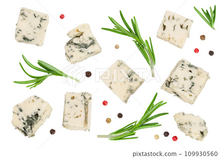 diced Blue cheese isolated on white background with  full depth of field. Top view. Flat lay. 109930560