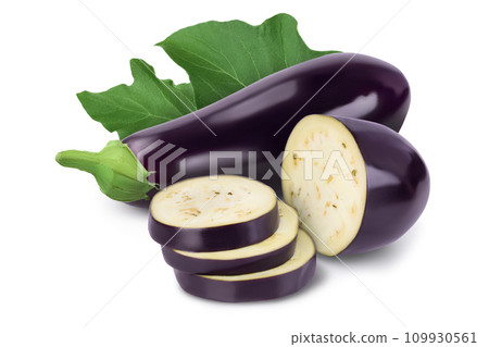 Eggplant or aubergine isolated on white background with full depth of field Eggplant or aubergine isolated on white background with full depth of field 109930561