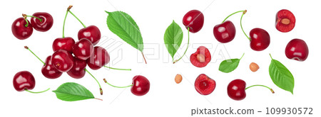red sweet cherry isolated on white background . Top view. Flat lay red sweet cherry isolated on white background . Top view. Flat lay 109930572