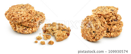 Granola cookie isolated on white background with full depth of field. Granola cookie isolated on white background with full depth of field. 109930574