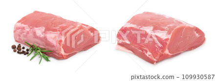 Raw pork meat with rosemary and peppercorn isolated on white background 109930587
