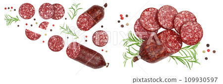 Smoked sausage salami with slices isolated on white background . Top view with copy space for your text. Flat lay Smoked sausage salami with slices isolated on white background . Top view with copy space for your text. Flat lay 109930597