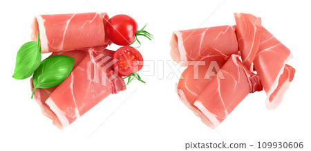 Italian prosciutto crudo or spanish jamon. Raw ham isolated on white background with full depth of field. Top view. Flat lay Italian prosciutto crudo or spanish jamon. Raw ham isolated on white background with full depth of field. Top view. Flat lay 109930606