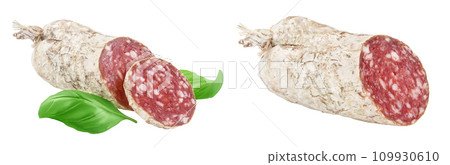 Cured salami sausage isolated on white background. Italian cuisine with full depth of field Cured salami sausage isolated on white background. Italian cuisine with full depth of field 109930610
