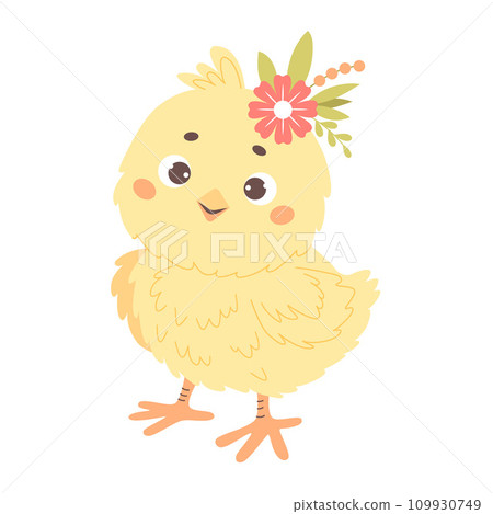 Cute little chick with flower. Vector illustration. Kids collection. 109930749