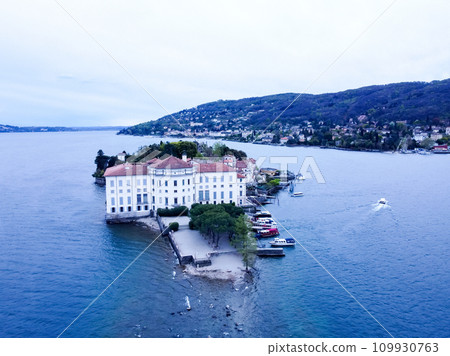 Aerial view of Isola Bella drone panoramic view. Lago Maggiore in north Italy, Aerial view of Isola Bella drone panoramic view. Lago Maggiore in north Italy, 109930763