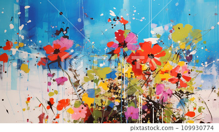 AI-generated content. A painting of wild flowers on a blue background 109930774