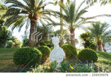 Bust by Georges Diebolt of the Empress Eugenie, wife of Napoleon III in gardens of Monaco Ville, looking at the horizon towards Cap Martin Bust by Georges Diebolt of the Empress Eugenie, wife of Napoleon III in gardens of Monaco Ville, looking at the horizon towards Cap Martin 109930976