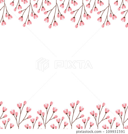 Double sided frame with top and bottom border of blossom branches. Copy space. Concept for greetings 109931591