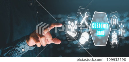 Customer care concept, Person hand touching customer care icon on virtual screen with blue bokeh background. 109932398