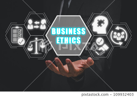 Business Ethics concept, Businessman hand holding business Ethics icon on virtual screen, Ethical corporate culture, business integrity and moral principles concept. 109932403