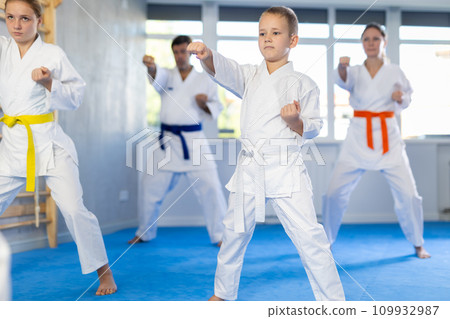 Kid boy and his family repeat movements and learn fighting techniques during martial arts lesson Kid boy and his family repeat movements and learn fighting techniques during martial arts lesson 109932987