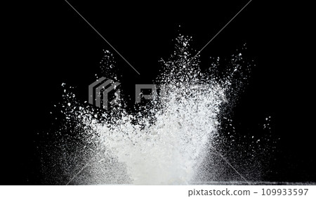 Tapioca starch flour fly explosion, White powder tapioca starch fall down in air. Seasoning flour powder is element material. Eyeshadow crush make up. Black background Isolated selective focus blur Tapioca starch flour fly explosion, White powder tapioca starch fall down in air. Seasoning flour powder is element material. Eyeshadow crush make up. Black background Isolated selective focus blur 109933597
