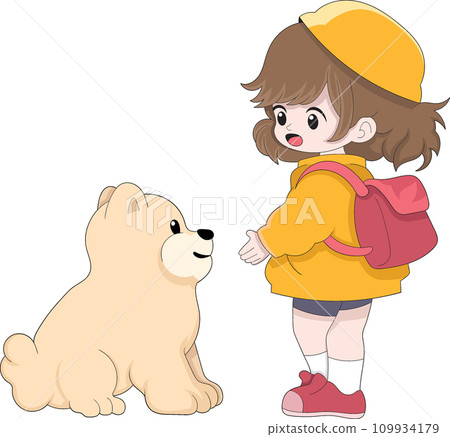 little girl and her pet dog go to school together 109934179