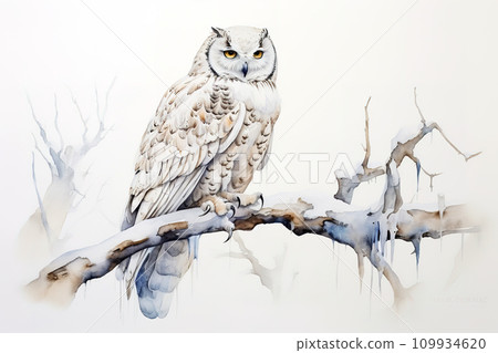 Image of snowy owl perched on a tree branch. Birds. Wildlife Animals. 109934620