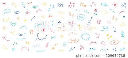 Doodle cute star, heart, arrow pen line color elements. Doodle heart, emphasis, star, sparkle decoration symbol set icon. Simple sketch line style text decoration elements. Vector 109934786