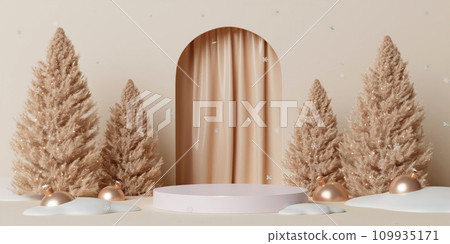 3d Christmas tree podium. Realistic 3d with design stage podium. Decorative festive elements glass bauble balls. Xmas holiday template podium. 3d Christmas tree podium. Realistic 3d with design stage podium. Decorative festive elements glass bauble balls. Xmas holiday template podium. 109935171