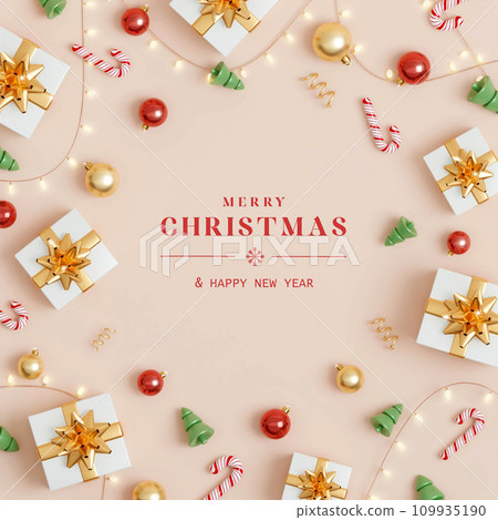 Christmas with decoration ornaments elements on beige background. Realistic 3d design. Bright Christmas and New Year background light garlands, gold confetti. 3D illustration Christmas with decoration ornaments elements on beige background. Realistic 3d design. Bright Christmas and New Year background light garlands, gold confetti. 3D illustration 109935190