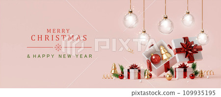 3d Christmas and New Year background. Xmas pine fir lush tree, gifts box. Glass Balls hanging on ribbon. Bright Winter holiday composition. Greeting card, banner, poster 109935195