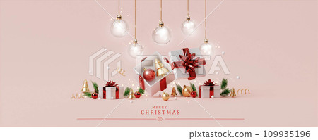 3d Christmas and New Year background. Xmas pine fir lush tree, gifts box. Glass Balls hanging on ribbon. Bright Winter holiday composition. Greeting card, banner, poster 109935196